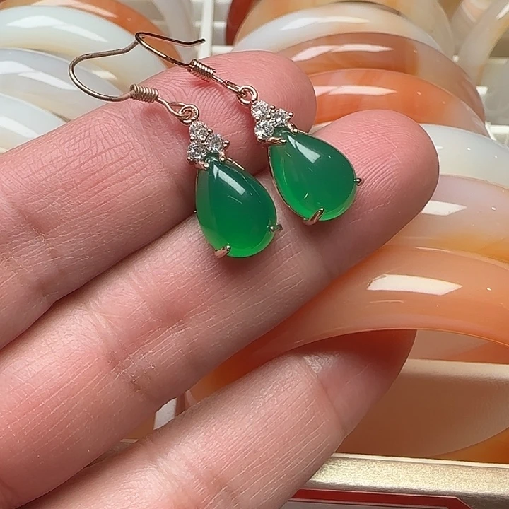 玛瑙/玉髓银S925镀金镶嵌耳钉