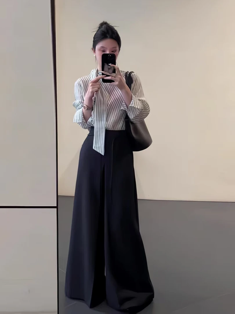 韩系气质飘带条纹长袖衬衫女春季新款小众设计感宽松拖地裤一整套