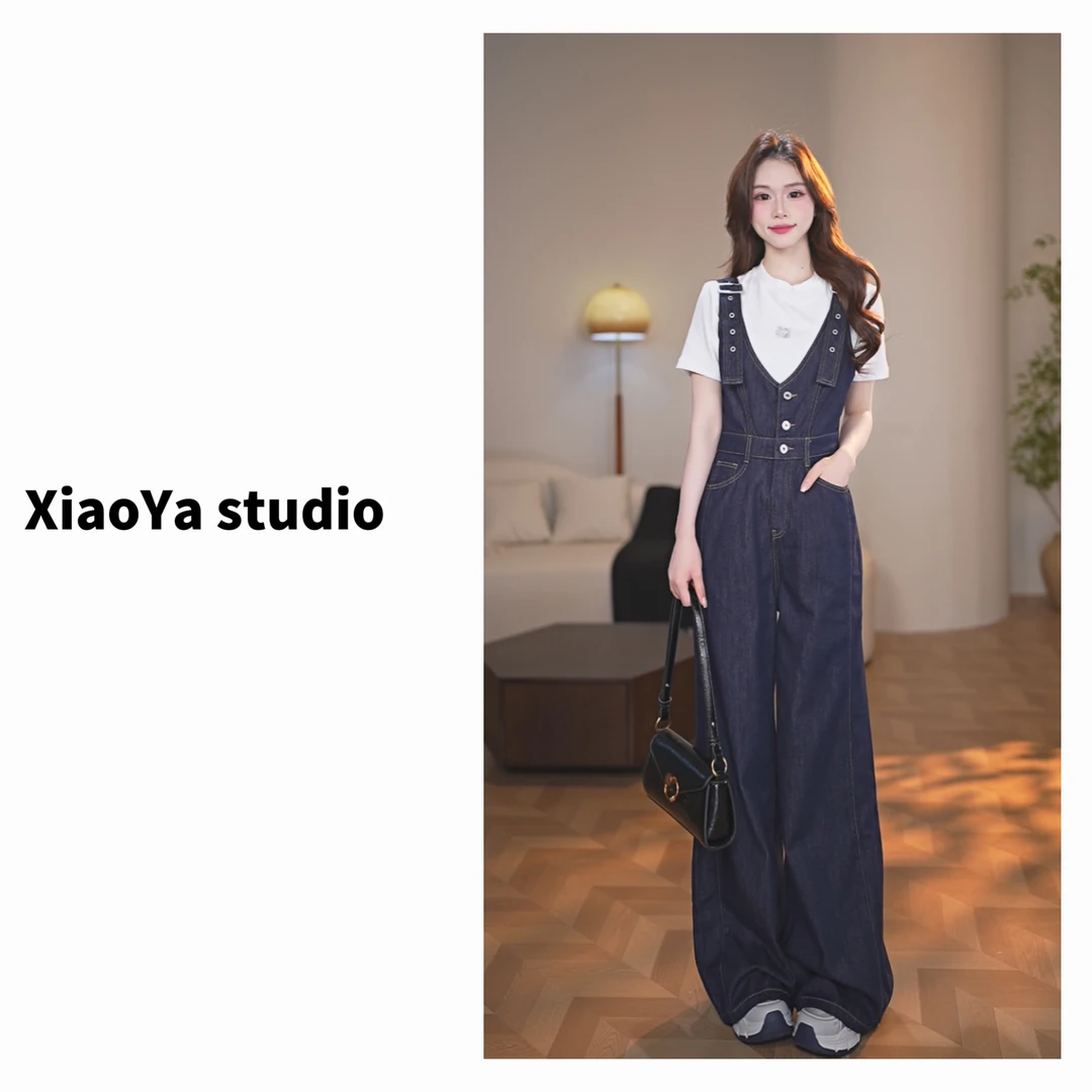 【昕昕】2025时尚夏季新款韩系显瘦牛仔背带裤F040