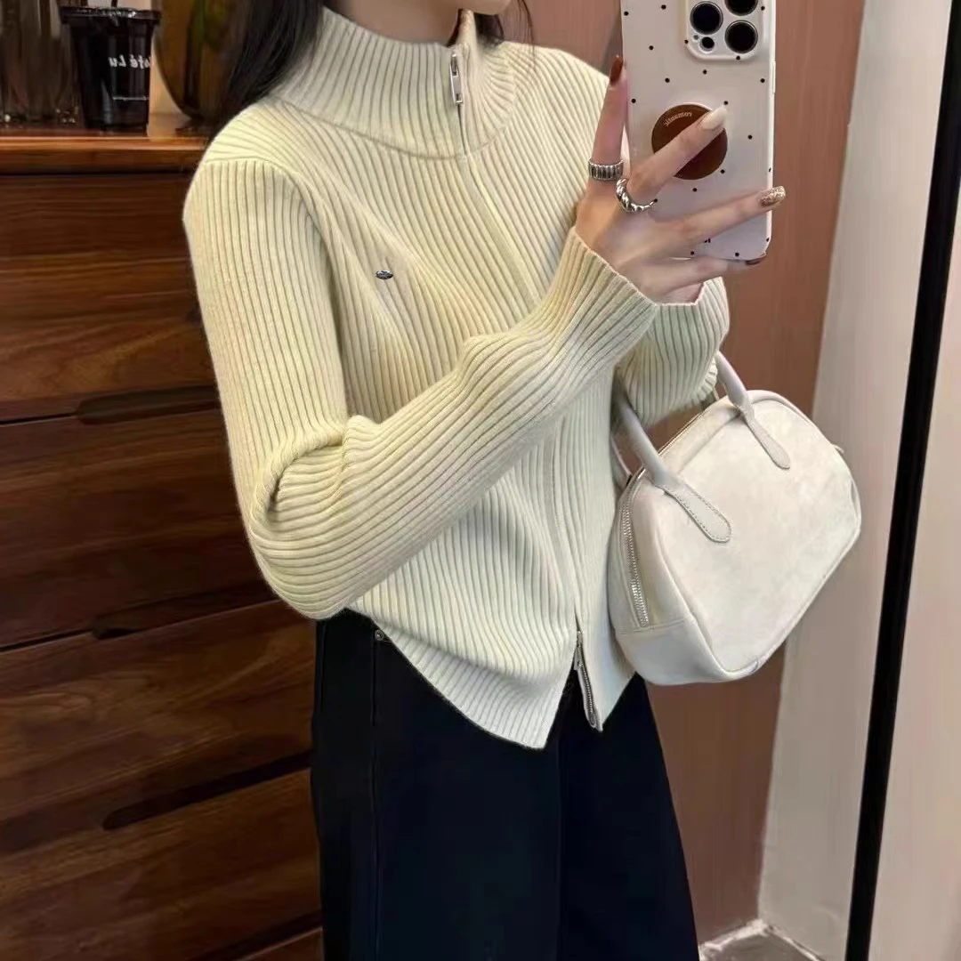 【米白色】开衫外套3517超柔软新款高品质中领针织毛衣