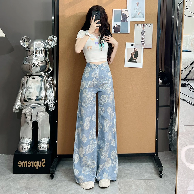 花色阔腿牛仔裤女2025年新款夏季薄款百搭宽松潮流直筒裤子女