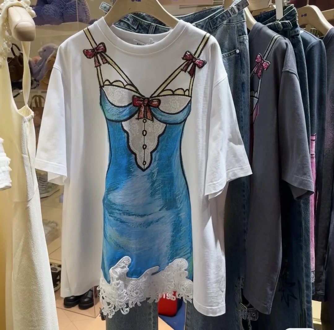 蝴蝶结漫画蓝白T恤女