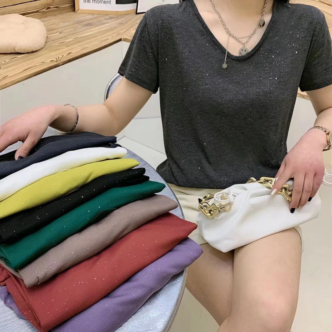 1066#螺纹星空鹅蛋领女款夏季短袖