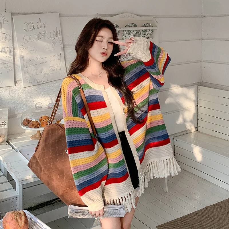 彩虹条纹多巴胺流苏减龄针织开衫女2025春季新款气质名媛毛衣外套