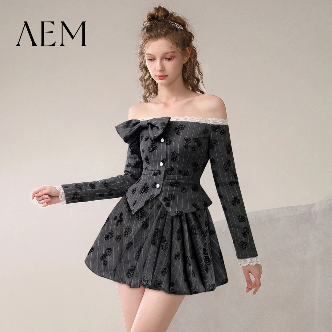 AEM-Y【利斯顿恋人】一字肩蕾丝上衣高腰百褶蓬蓬裙套装CM640005AB