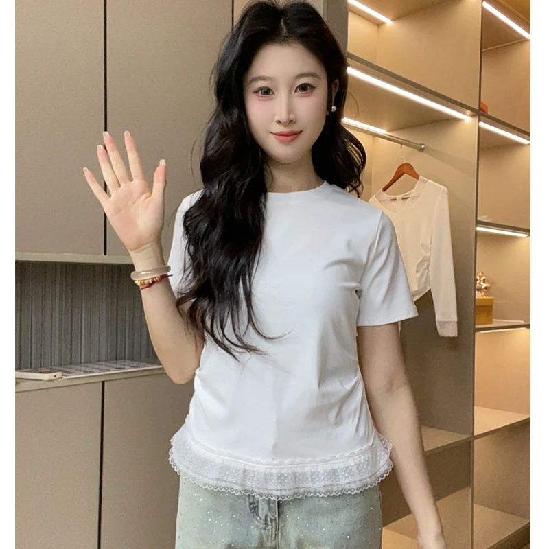 纯欲荷叶边拼接短袖T恤女夏季圆领小众设计感叠穿内搭打底衫上衣