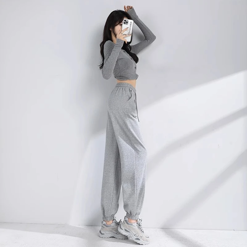 灰色束脚运动裤女春秋季2025新款爆款小个子宽松休闲显瘦卫裤夏季