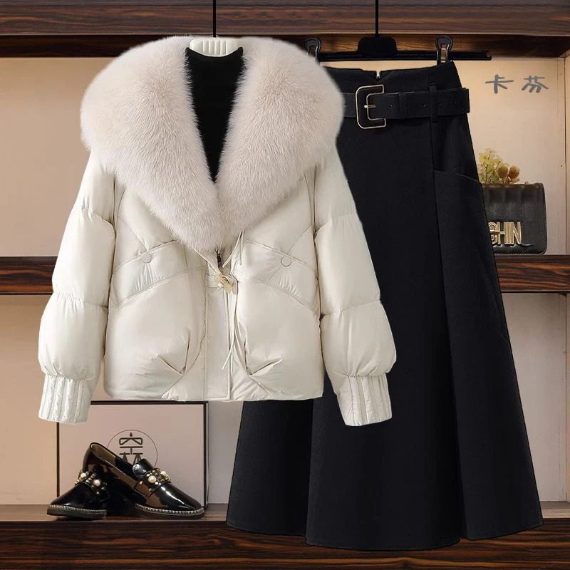 冬季套装女2025新款加厚保暖设计感毛领棉服外套显瘦半身裙两件套