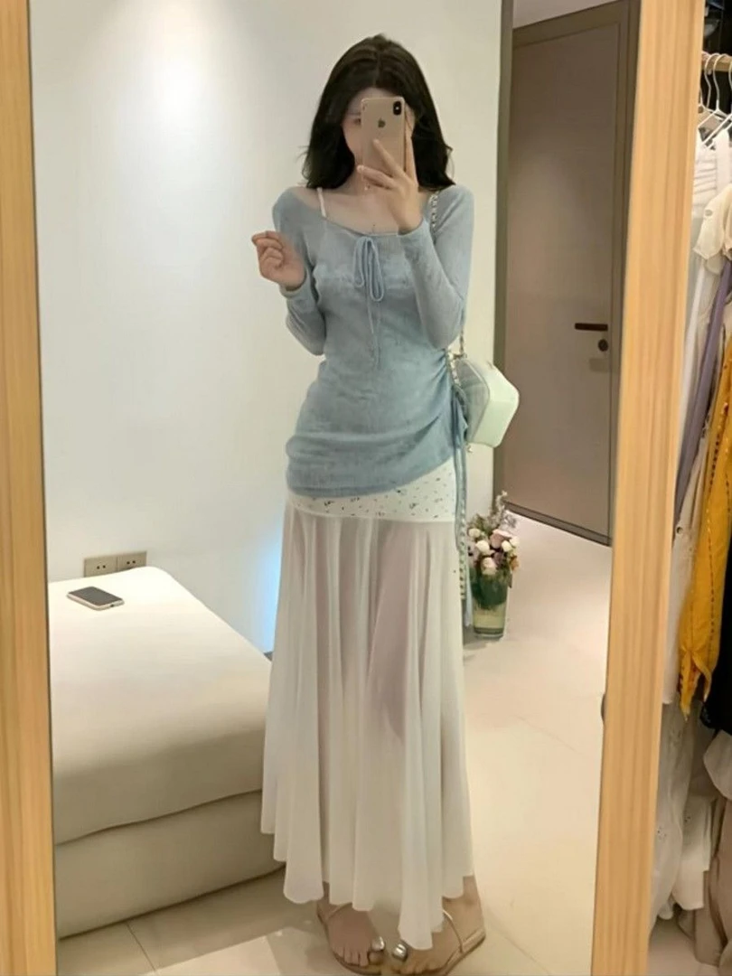 韩系超绝碎花吊带连衣裙女夏季2025新款收腰显瘦长裙防晒罩衫套装