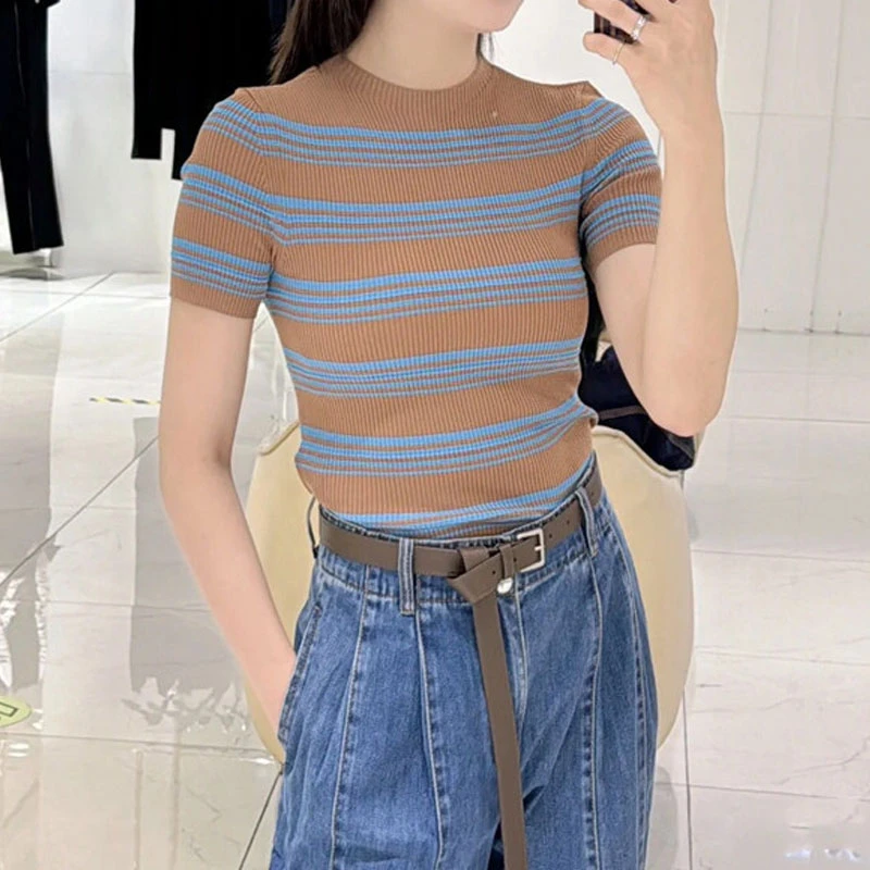 【商场同款】2025新款圆领高腰百搭上衣T恤条纹修身显瘦针织衫女装