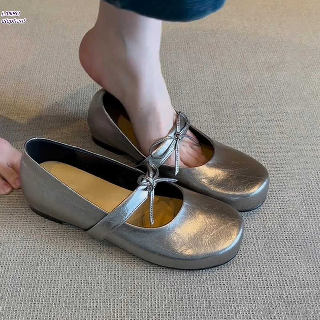 羊皮版~一字带蝴蝶结浅口真皮玛丽珍鞋女百搭一脚蹬内增高小单鞋