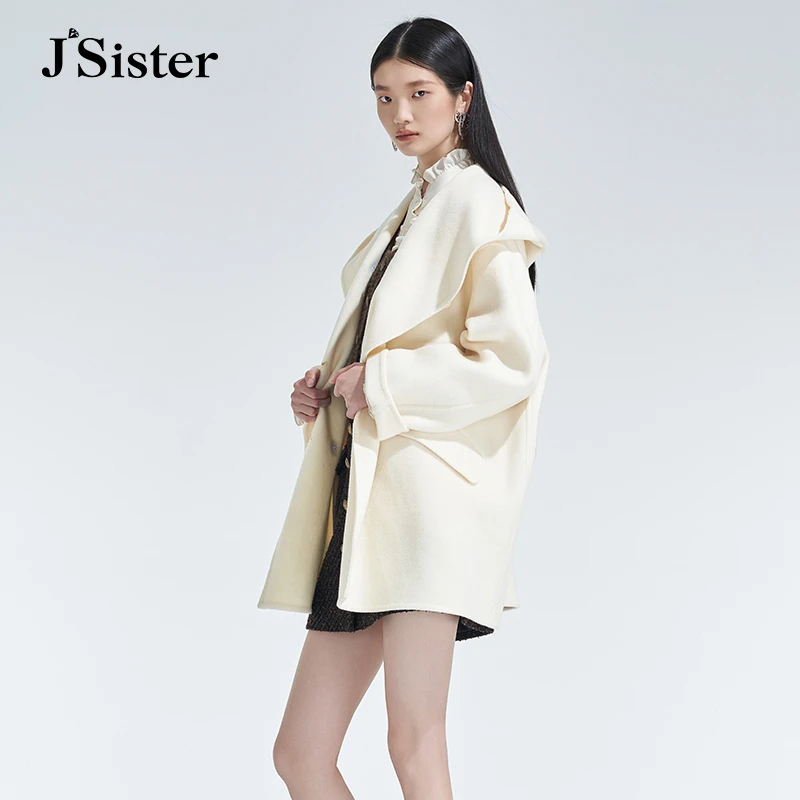 jsister冬季新款毛呢外套 JS女装时尚简约双排扣短款大衣