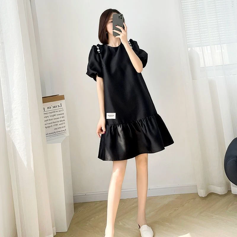 欧洲站2025夏韩版新款法式荷叶边连衣裙宽松遮肉黑色泡泡袖娃娃裙