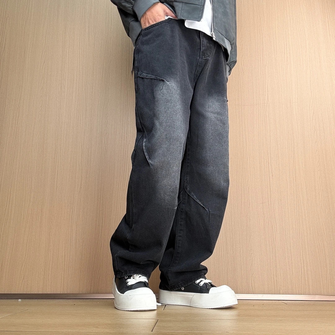 牛仔裤男士秋季高街2025新款宽松直筒长裤美式褶皱水洗潮休闲裤子