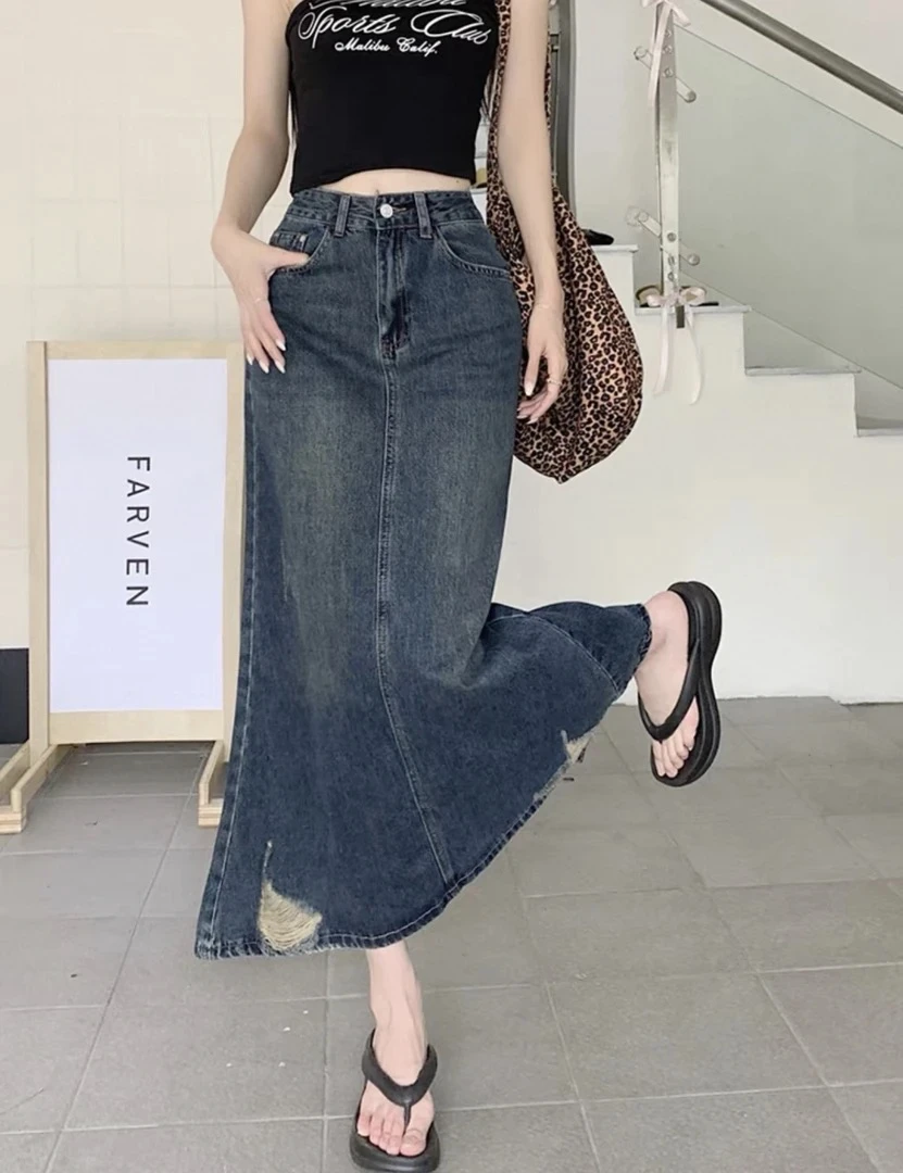 【李姑娘专属】33630复古破洞开叉鱼尾长裙