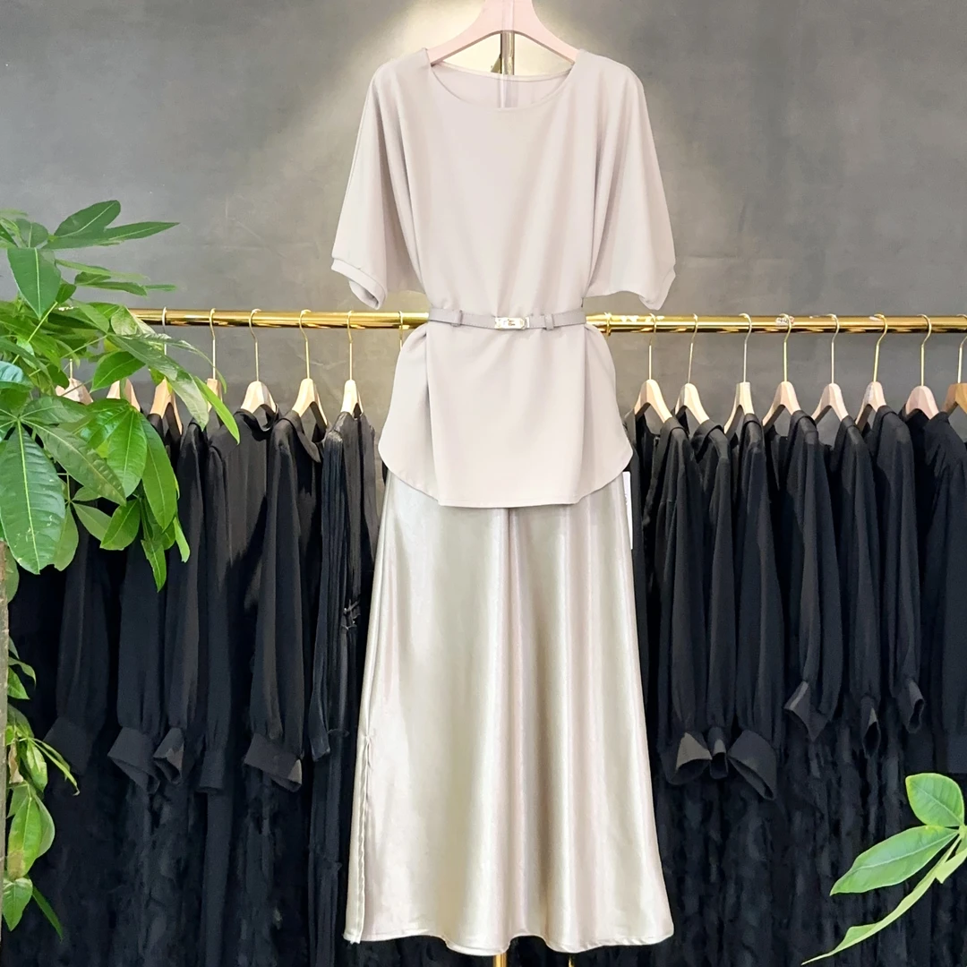 A333 夏季新款法式气质圆领收腰显瘦系带上衣+高腰半身裙两件套女