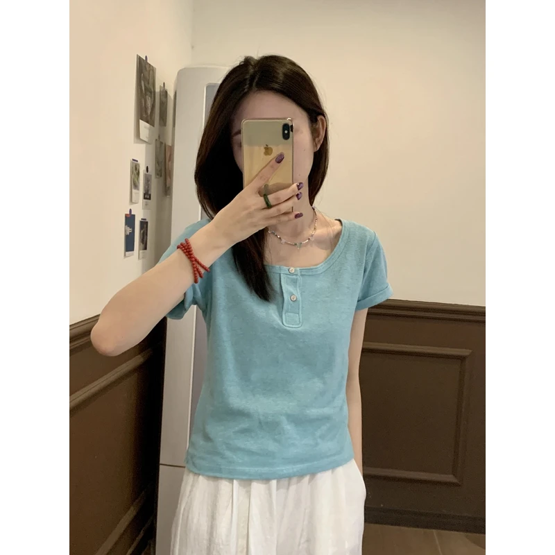 【Niche Young】夏季小众短款百搭纯色设计感T恤Y6203