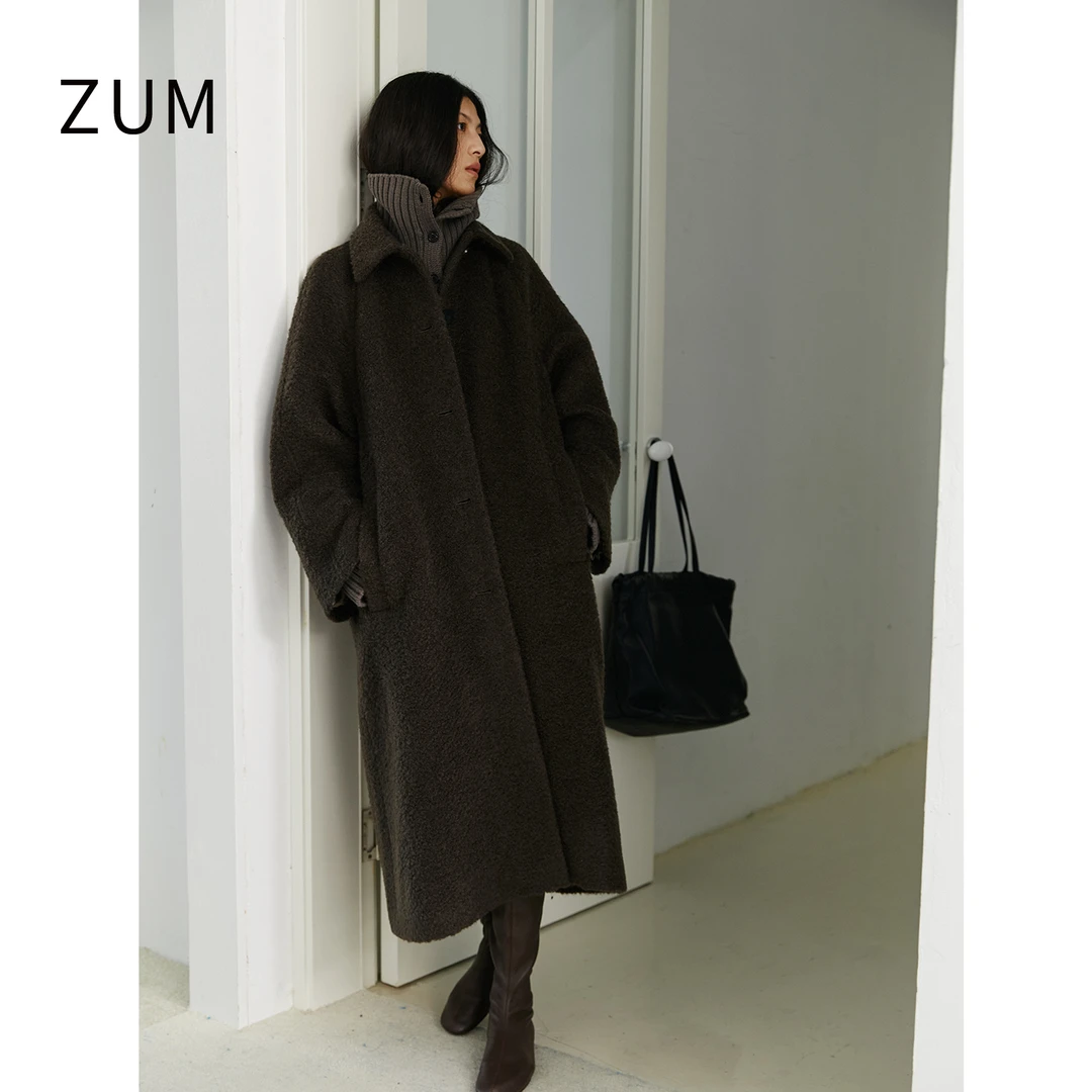 ZUM|15%马海毛|圈圈毛插肩袖秋冬长大衣25冬新款单排扣毛呢外套