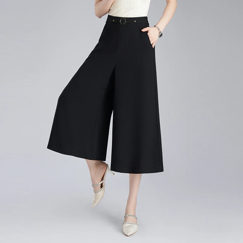 小个子薄款阔腿裤黑色垂感宽松中裤女裤子2025夏季新款休闲九分裤