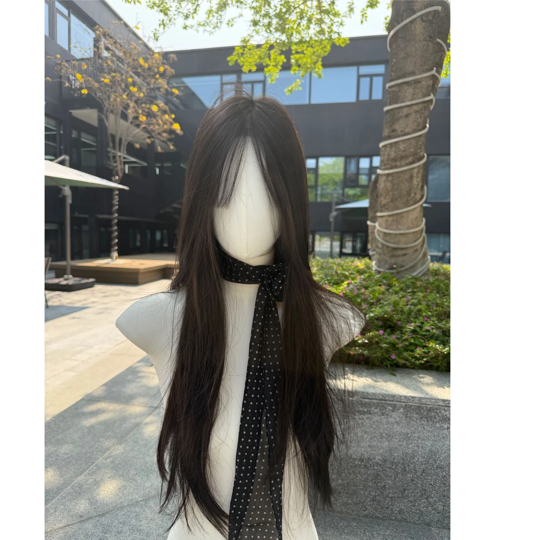 【校园学姐】空气齐刘海黑茶色层次直发全头套仿真发假发
