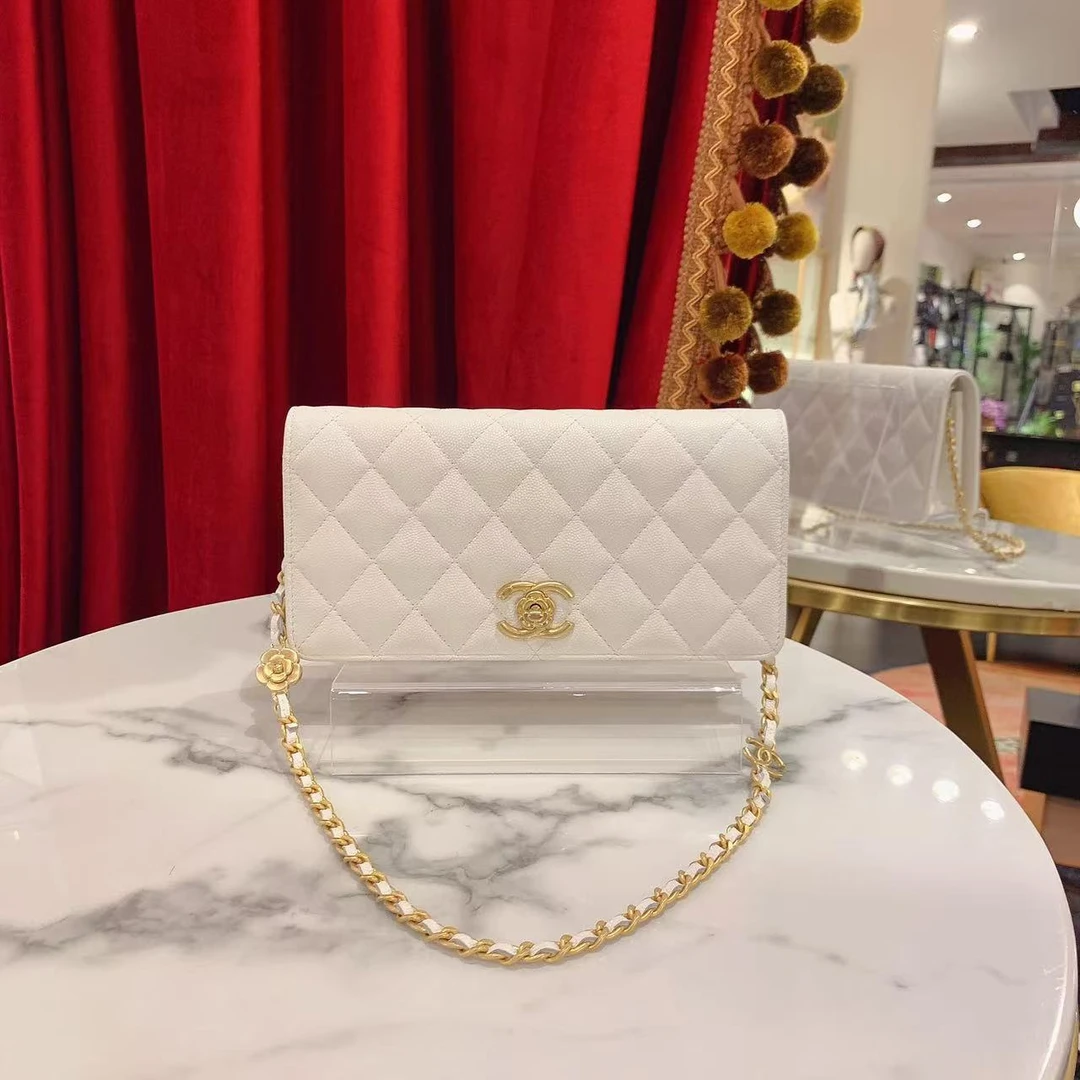 99新 Chanel/香奈儿 23k山茶花法棍白色荔枝牛皮芯片款/57168245