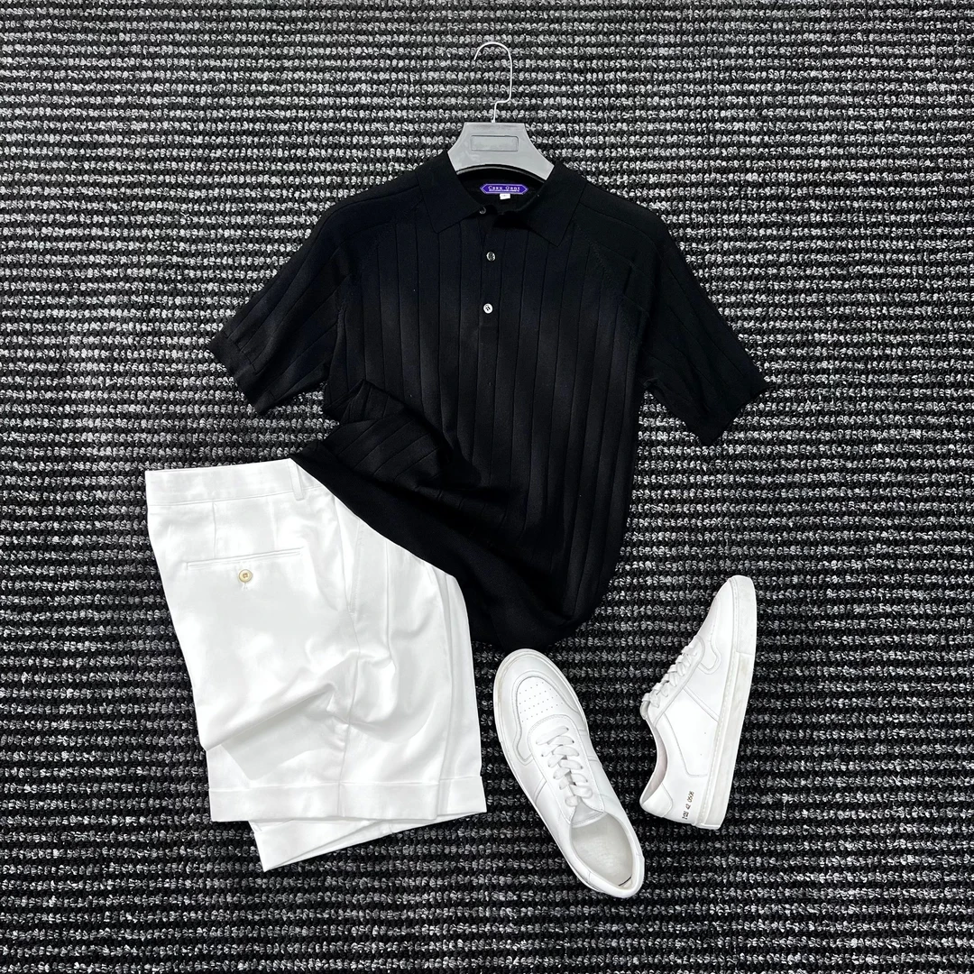 CssuGent夏季新款老钱风男士休闲桑蚕丝纯色针织翻领短袖POLO衫