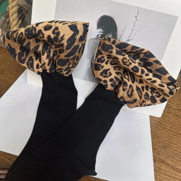 豹纹花边拼接女潮袜百搭高级轻奢品质ins设计师穿搭街拍网红