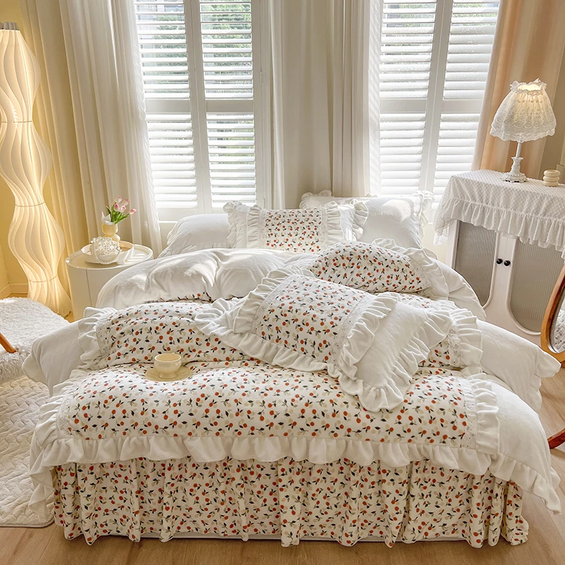 公主风床裙牛奶绒四件套秋冬加厚双面绒韩版荷叶边被套少女心罩床