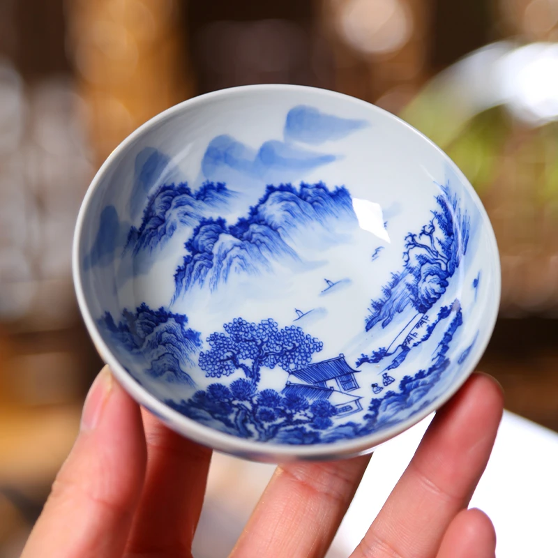 大厚堂纯手绘山水普洱杯景德镇青花瓷主人杯单杯陶瓷茶杯满绘茶具
