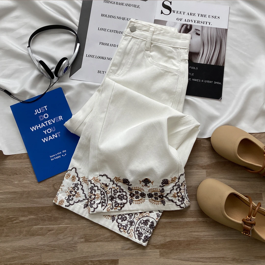 遮腿型！刺绣小个子直筒牛仔裤女秋季新款高腰显瘦八分九分阔腿裤