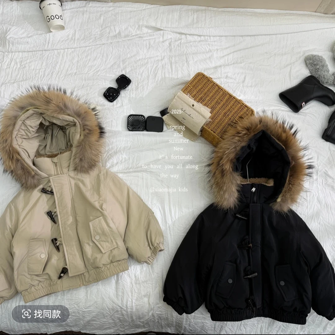 韩版男童新品加厚大毛领夹克秋冬季儿童保暖加绒棉服连帽派克外套