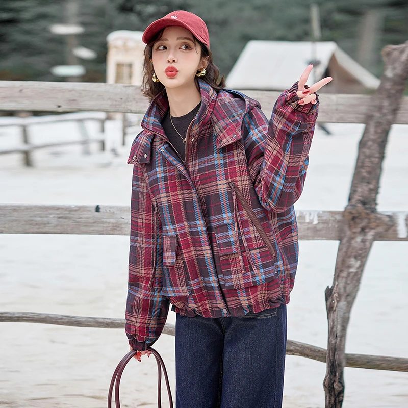 格子加棉牛仔外套女短款2025年冬季新款休闲宽松连帽加厚保暖棉衣