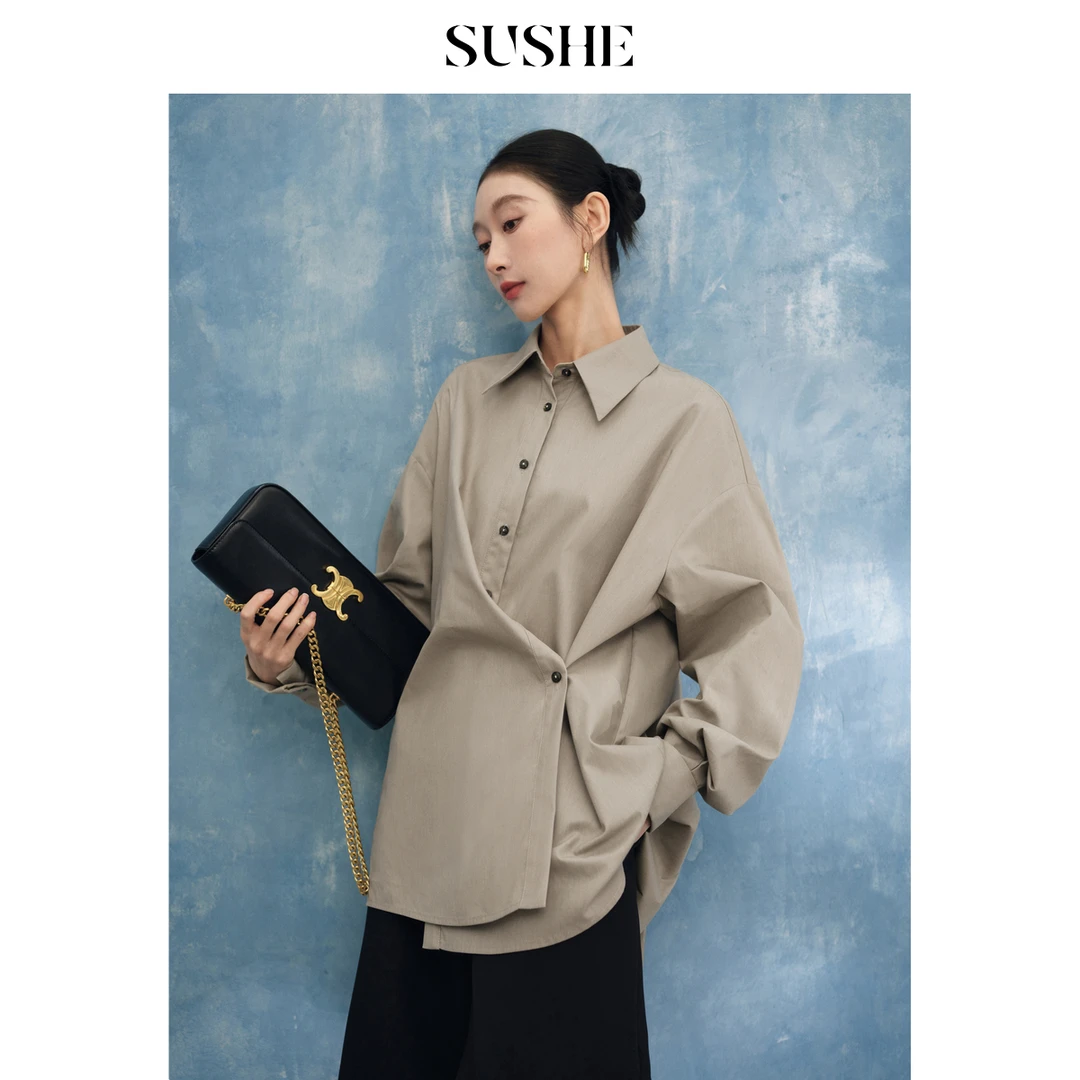 束皙SUSHE 月光曲 棉绒感不规则斜门襟纯色衬衫宽松春季女士衬衣