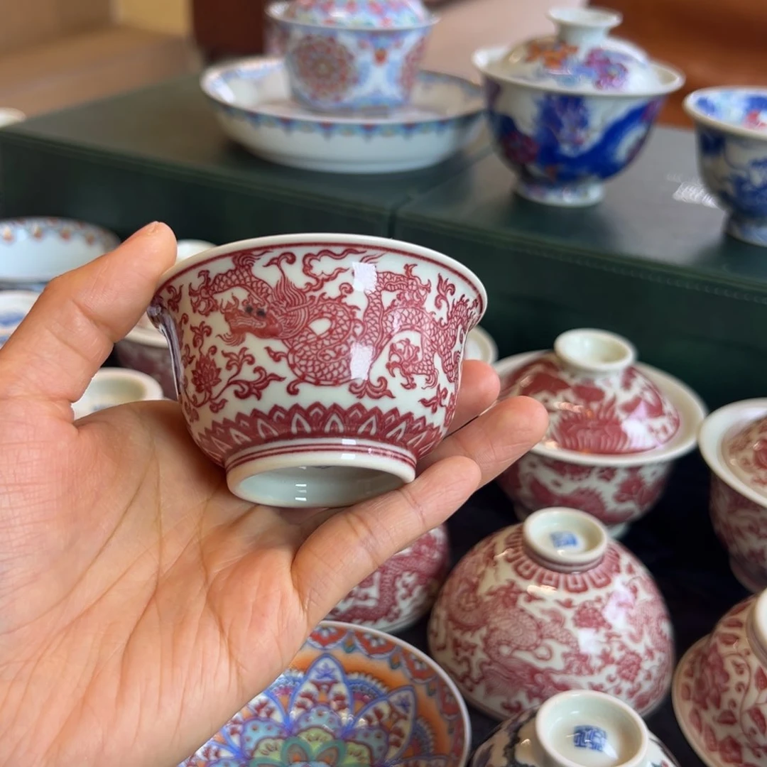 H正绎堂全红双龙撇口杯