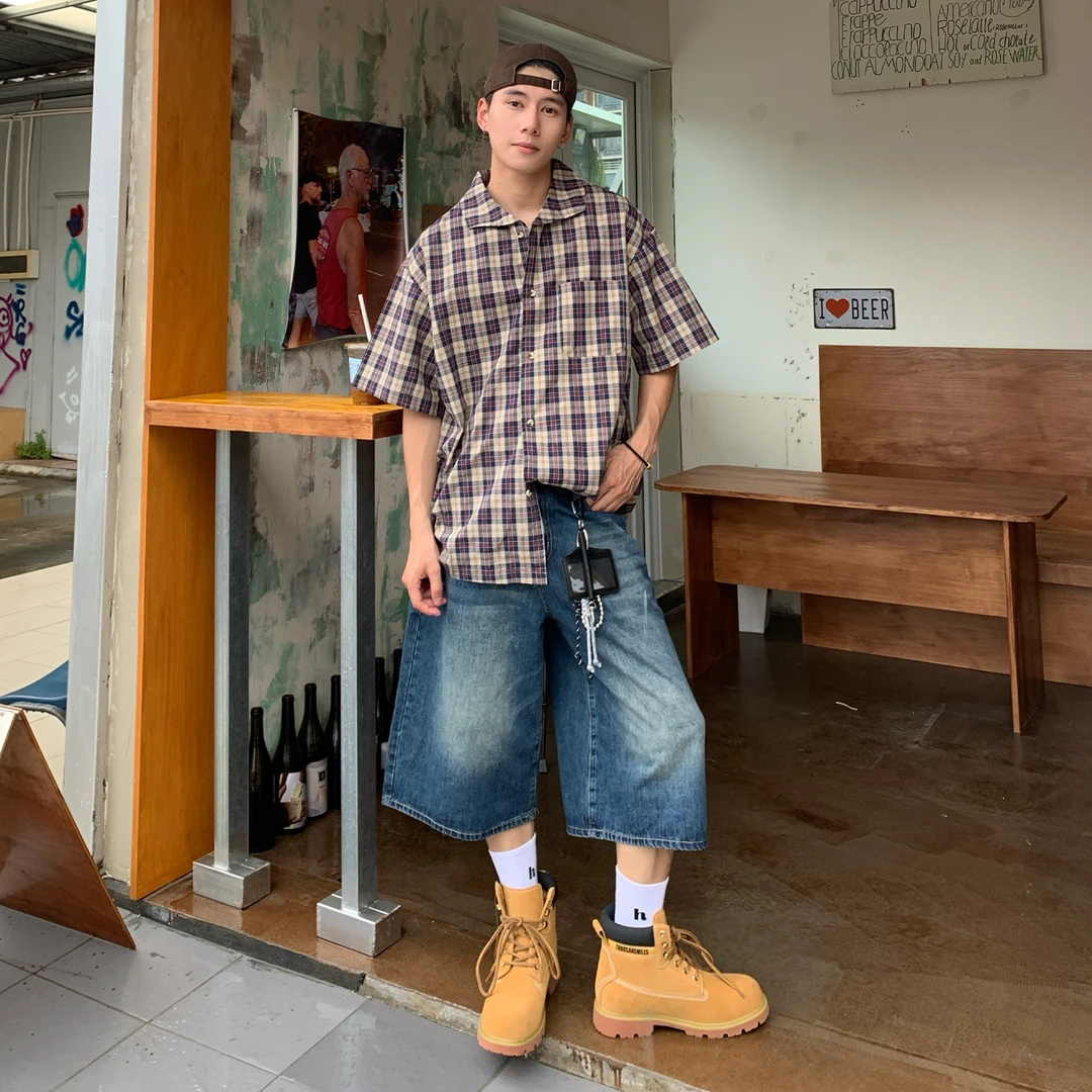 Holocene美式潮牌夏季格子短袖衬衫日系复古宽松衬衣外套男CS113