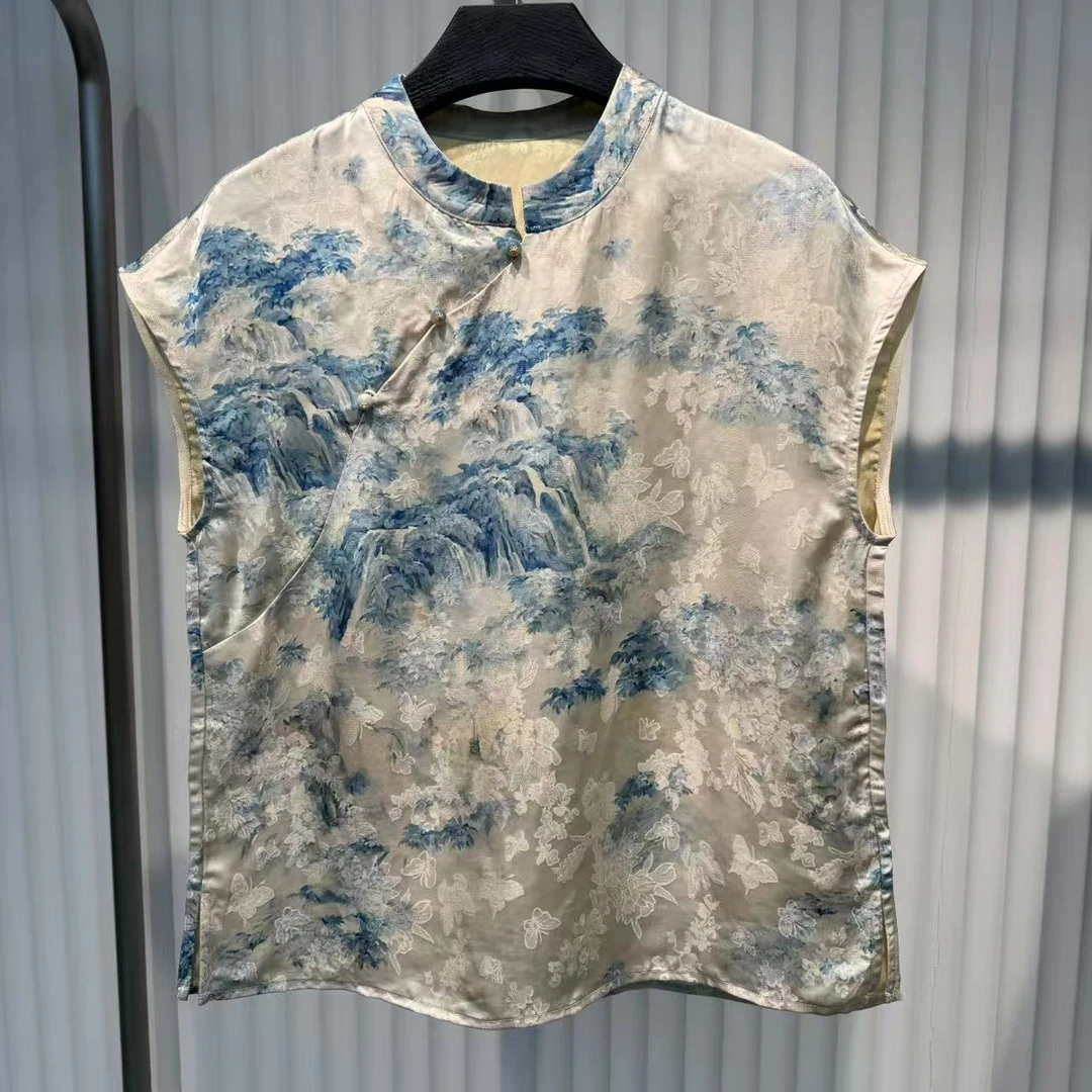 【青青】山水画真丝新中式国风提花坎肩上衣W746