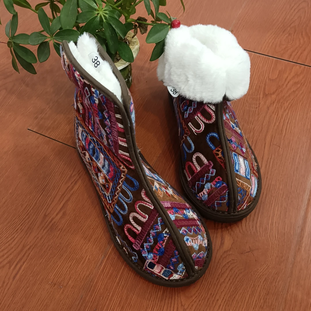 【霓虹-高帮两片毛毛款】手工布鞋千层底布鞋民族风系带平底