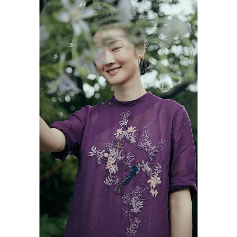 牧衣原创设计女装苎麻刺绣中式改良旗袍夏文艺复古连衣裙 沉香木