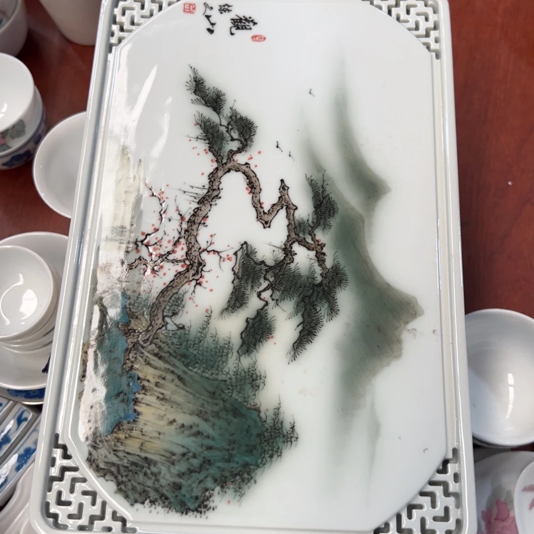 醴陵高温瓷老厂瓷微瑕作品，手绘茶台