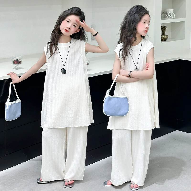 童装女童夏季高级感极简休闲针织套装6-12岁15中大儿童小女孩套装