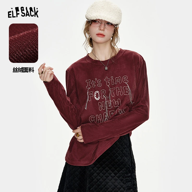 5049【金拐子】妖精的口袋字母刺绣红色丝绒打底衫女2024年冬季新