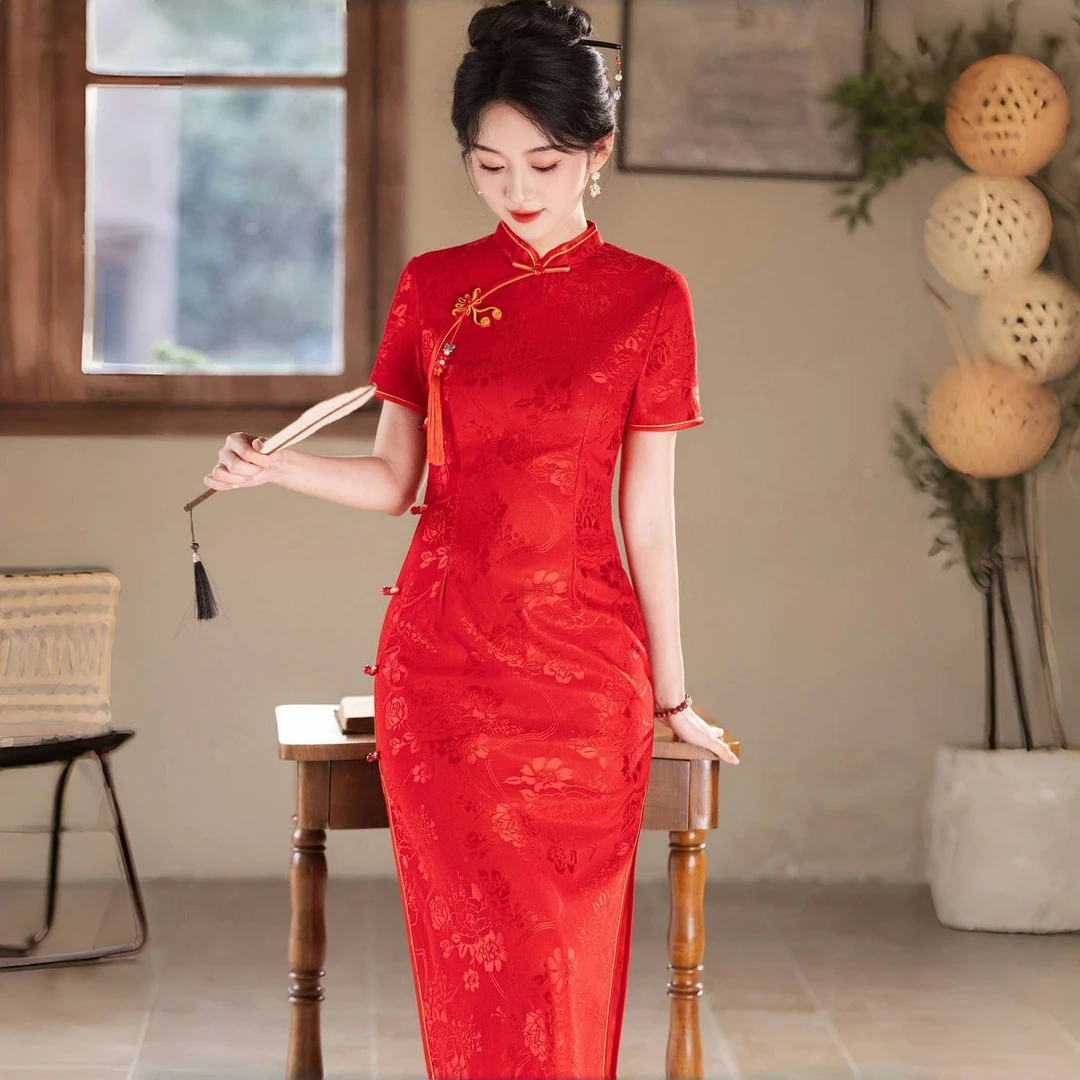 旗开得胜送考旗袍夏季新款蕾丝改良连衣裙气质长款红色旗袍敬酒服