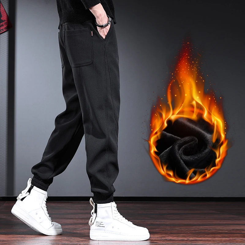 LEIGHZ/雷茨简约男士休闲裤束脚运动裤冬季宽松加绒加厚裤子男潮