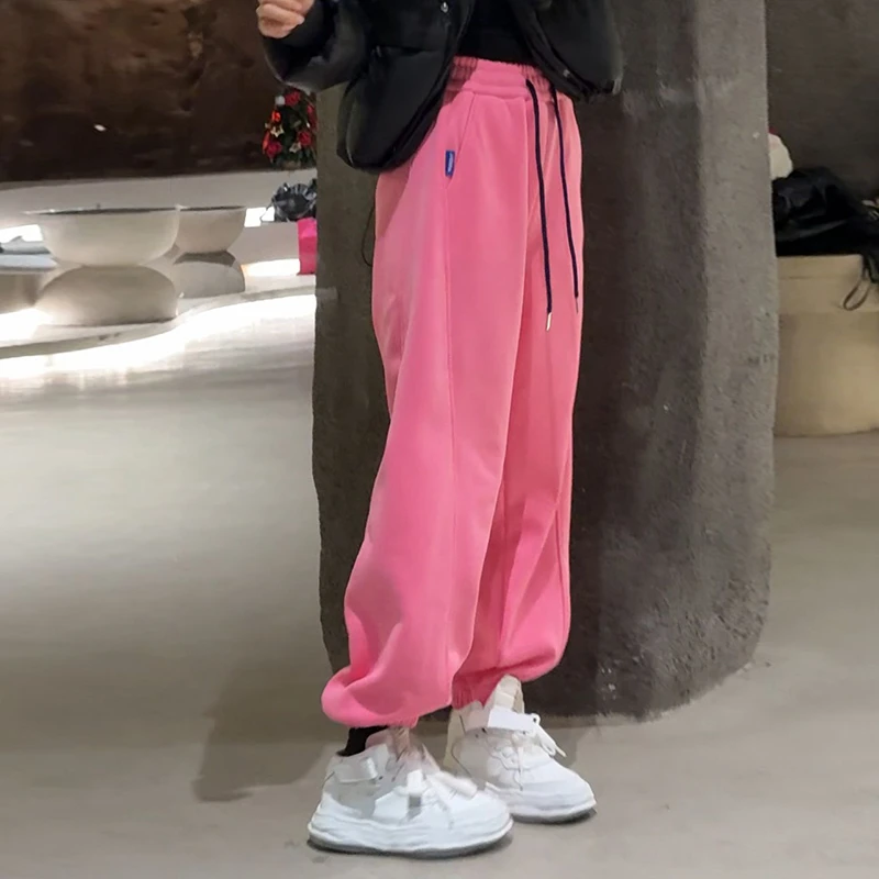 秋冬新款纯色拼接加绒加厚卫裤女时尚洋气百搭束脚休闲裤子