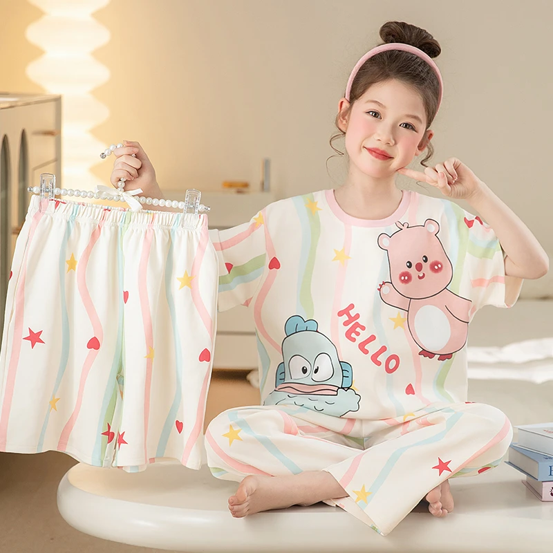 bejirog/北极绒短袖纯棉夏季女大童时尚公主风圆领居家睡衣三件套