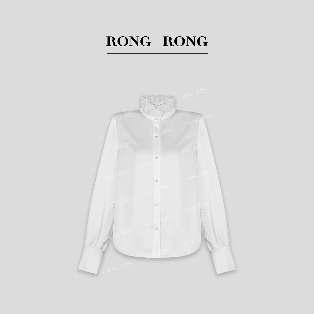 溶溶J【流光派对】ROGRONG 哑光缎面拼接蕾丝花边复古衬衫GC1C036