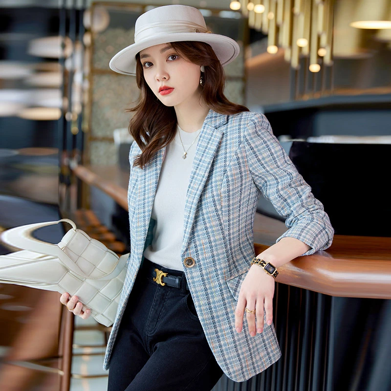 秋季新款修身格子小西装外套女显瘦减龄一粒扣长袖撞色名媛风上衣