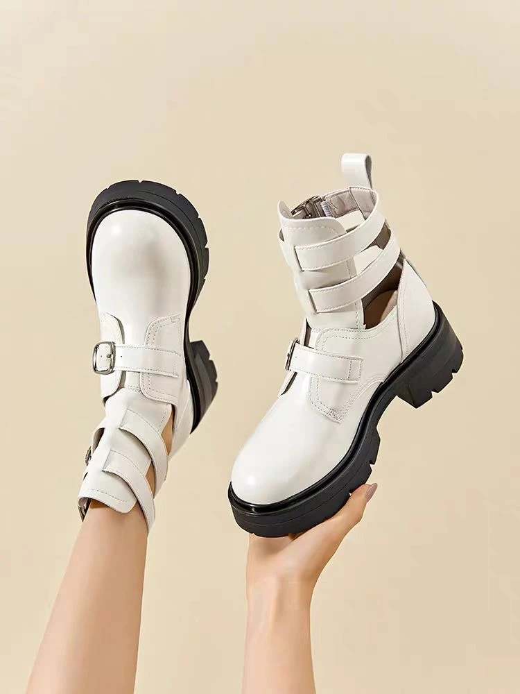 新款时尚百搭休闲粗跟短靴圆头厚底瘦瘦靴马丁靴6014