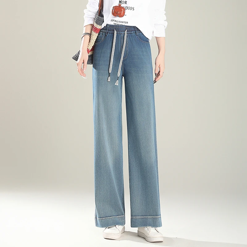 妈妈装纯色休闲牛仔裤女士夏天中老年新款简约直筒裤显高薄女裤子