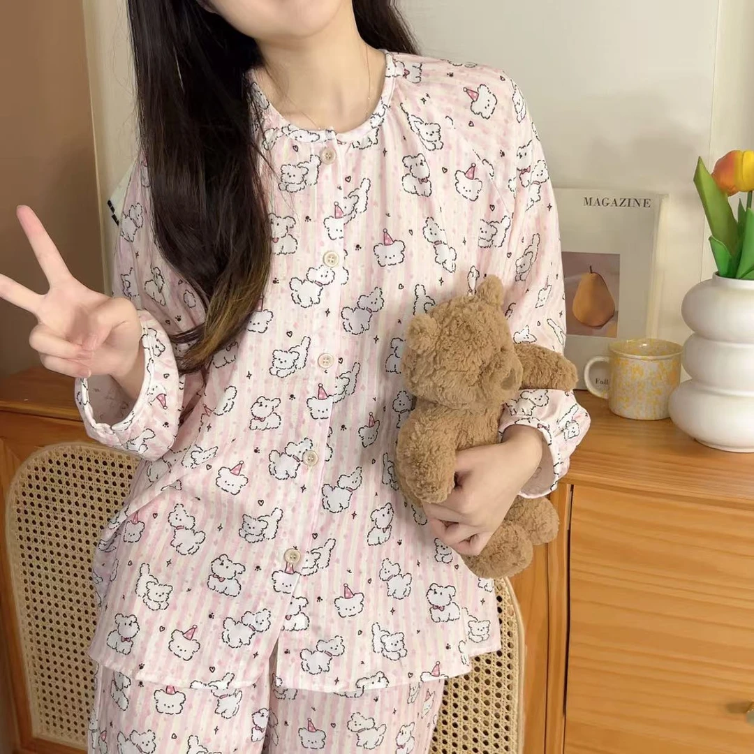 禾昊2025【圆领】A类有氧精梳棉纱可爱睡衣家居服长袖套装纯棉女